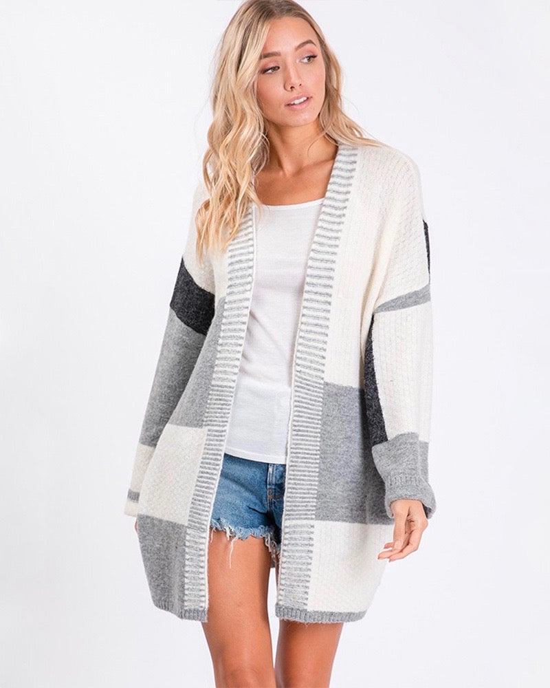 Long-Line Open-Front Greyscale Color Block Cardigan – Shop Hearts