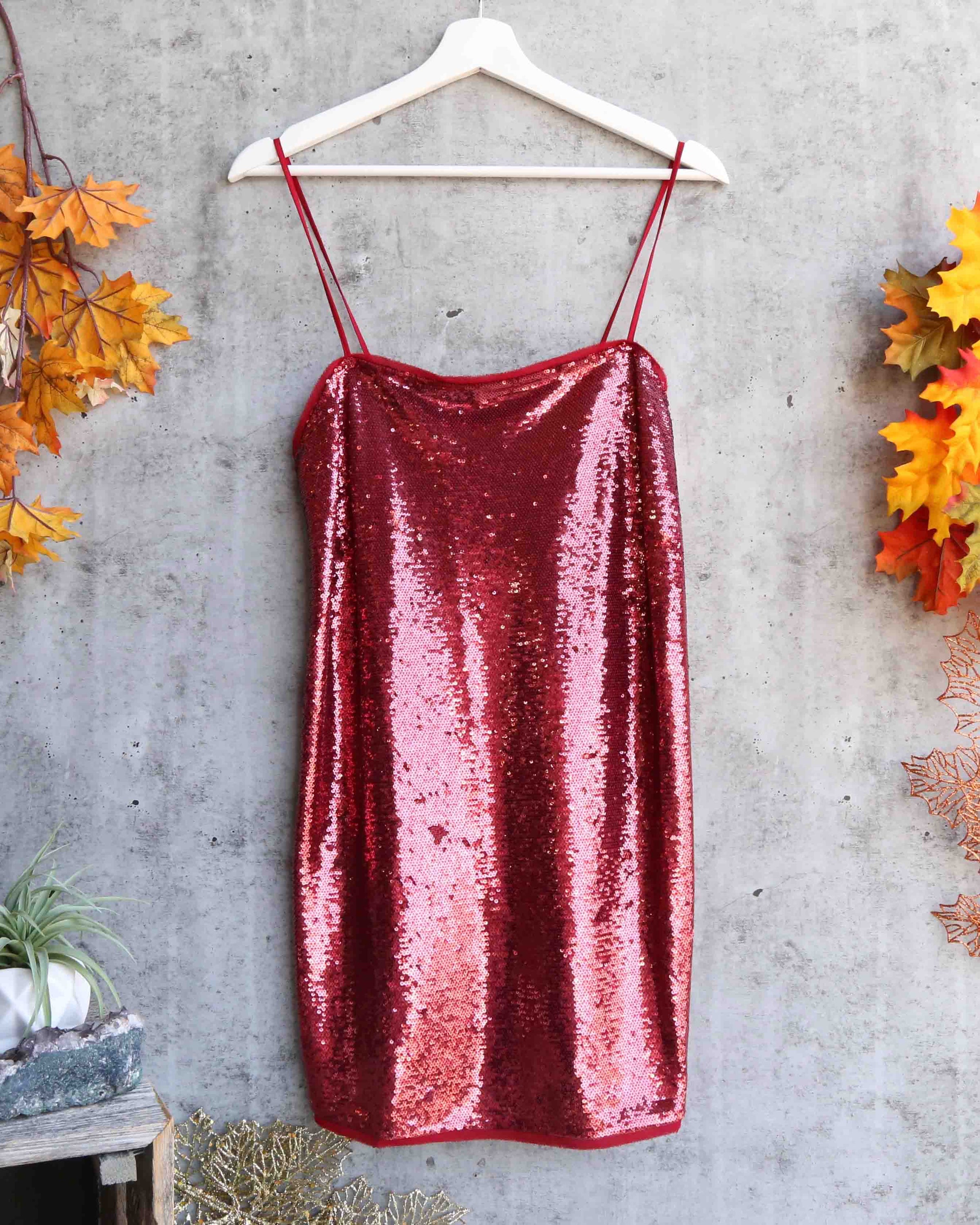 red sequin slip dress