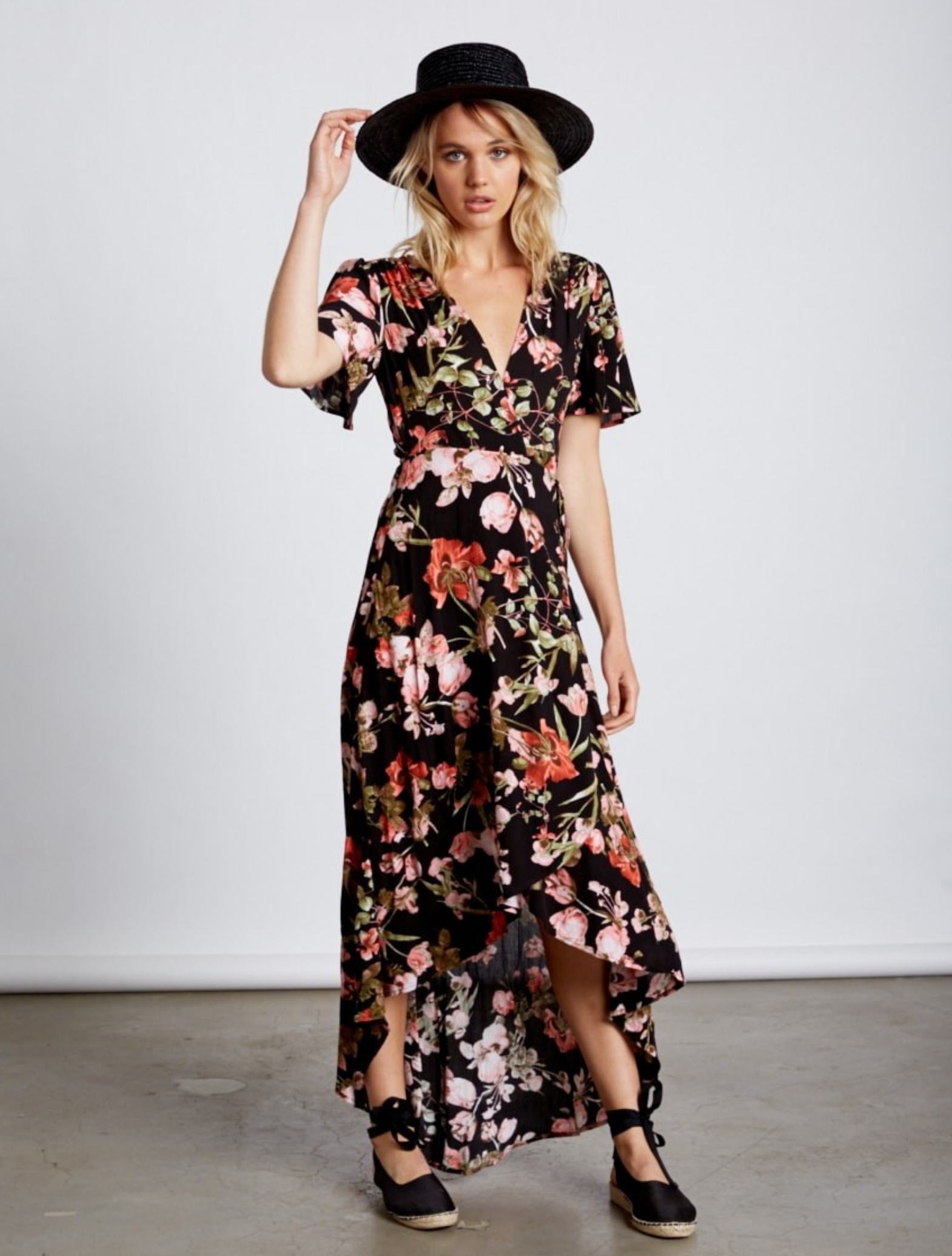 Final Sale - Cotton Candy LA -High-Low Wrap Dress - Floral Black – Shop ...