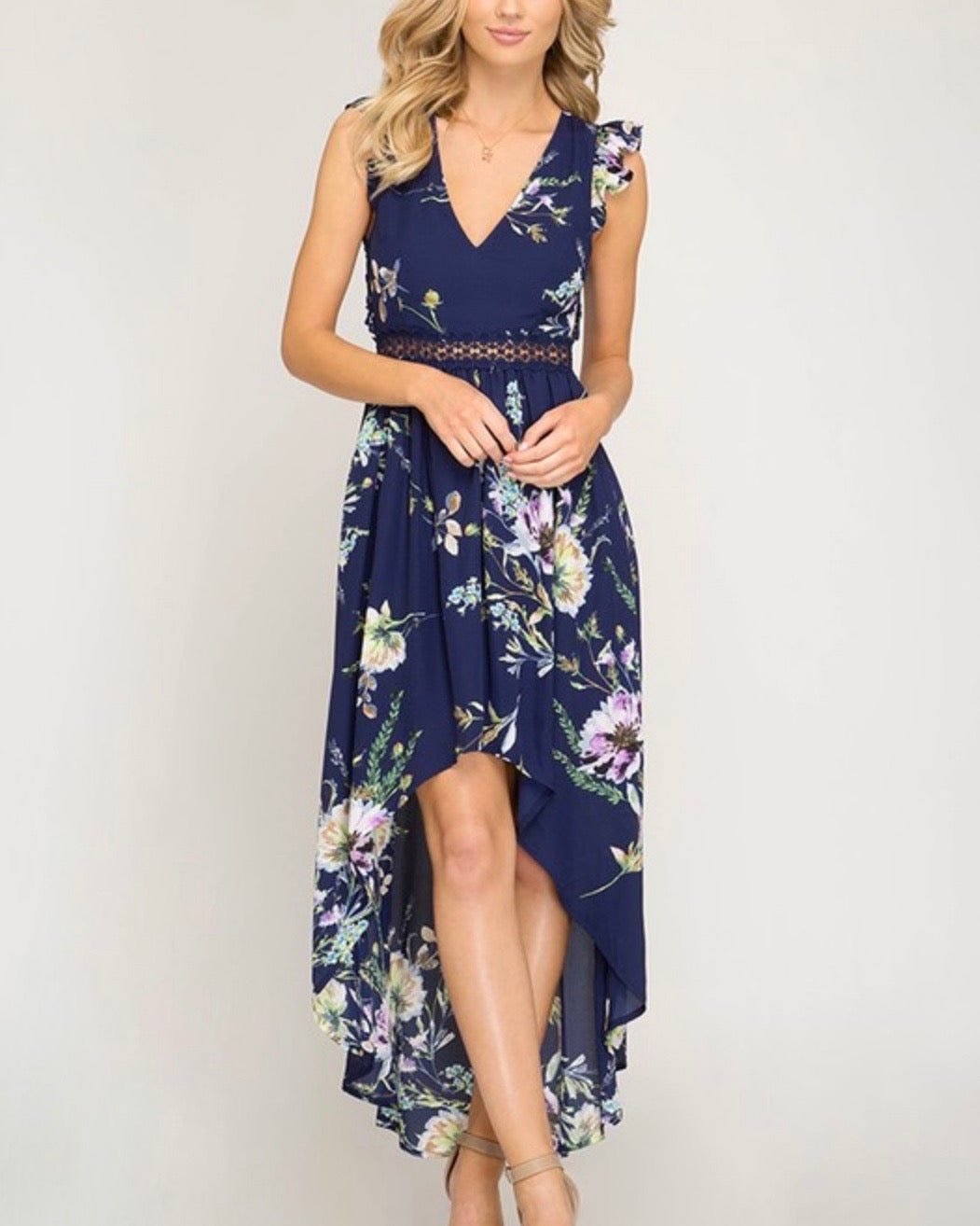 navy floral high low dress with open back