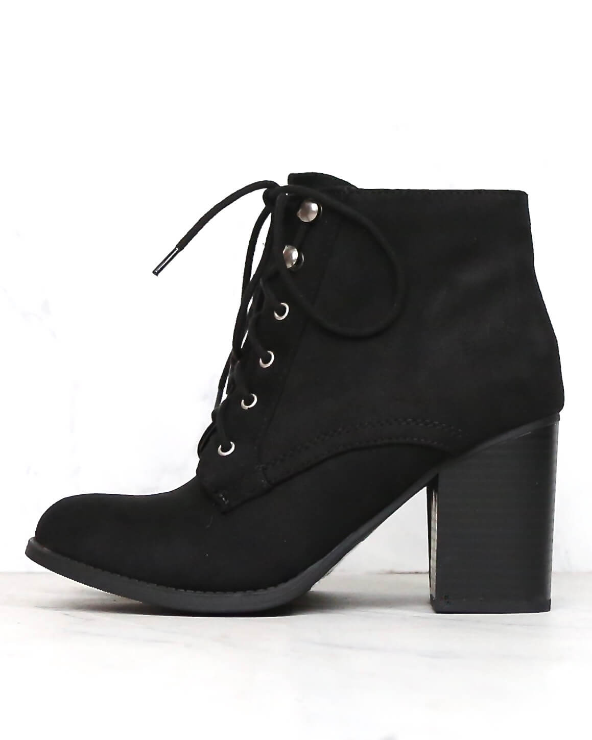 Suede Lace-Up Ankle Booties - Black 