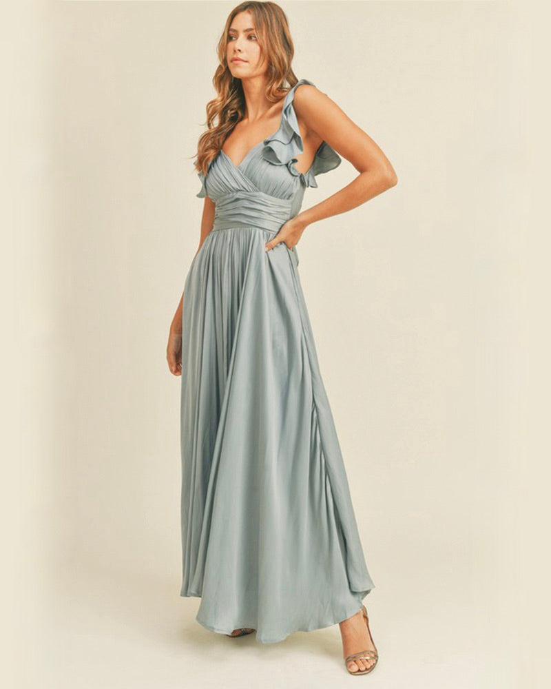 Wedding Guest Dress Satin Maxi Dress in Dusty Blue – Shop Hearts