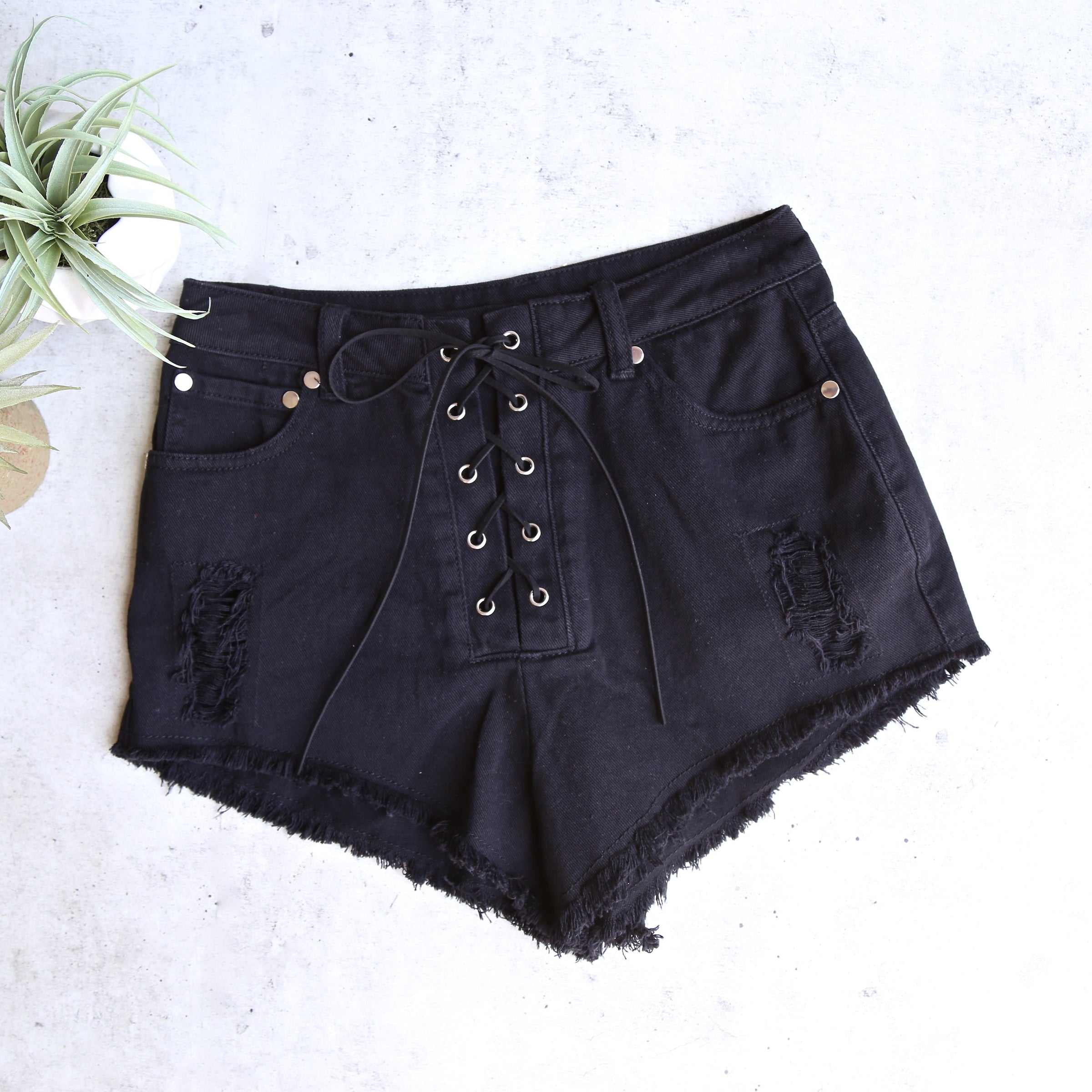 Clique Lace-Up Denim Shorts in Black 