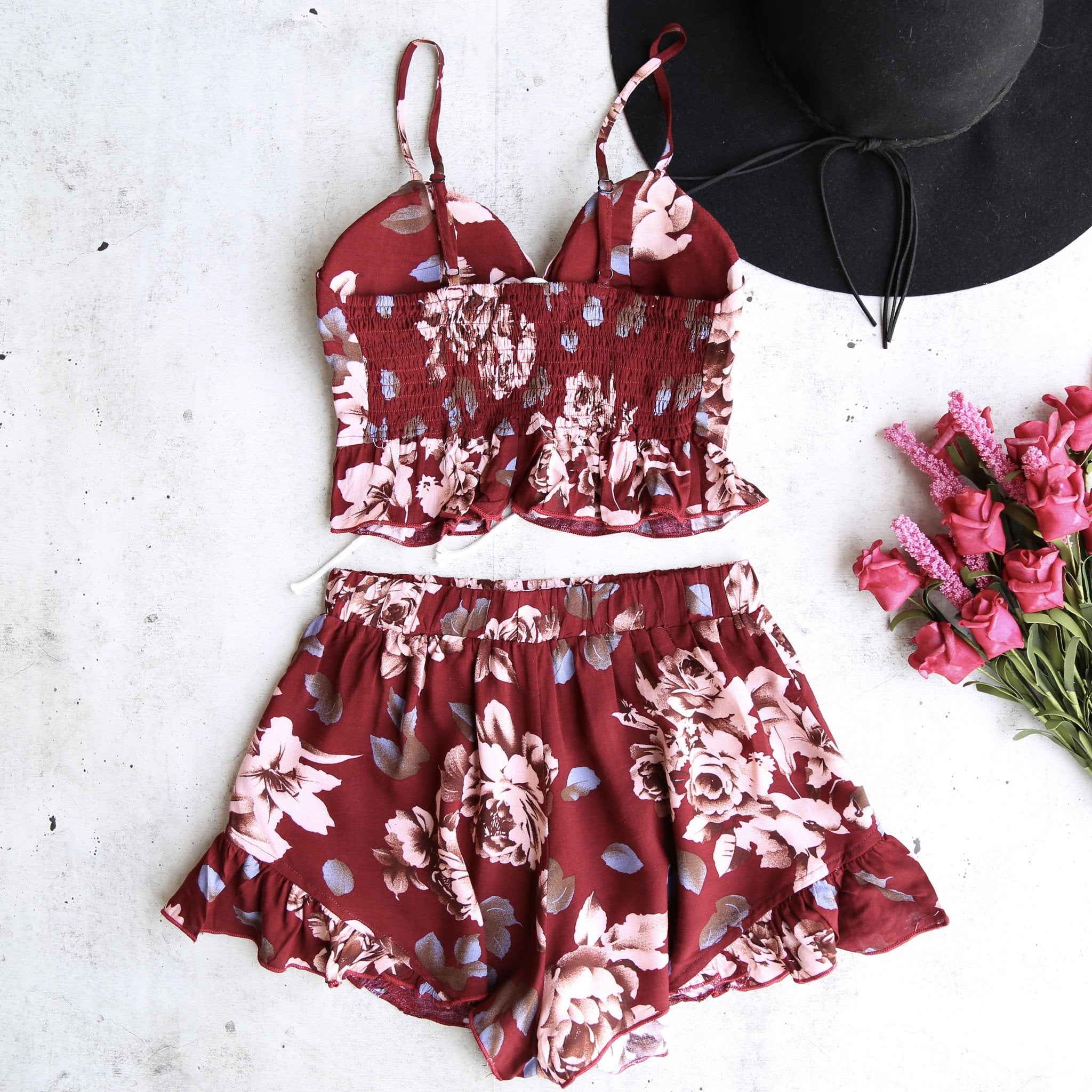 FINAL SALE - Reverse - Burgundy Floral Two Piece Set with Ruffle Hem ...