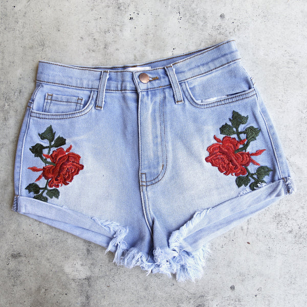 Embroidered High Waist Denim Shorts Light Stone Wash