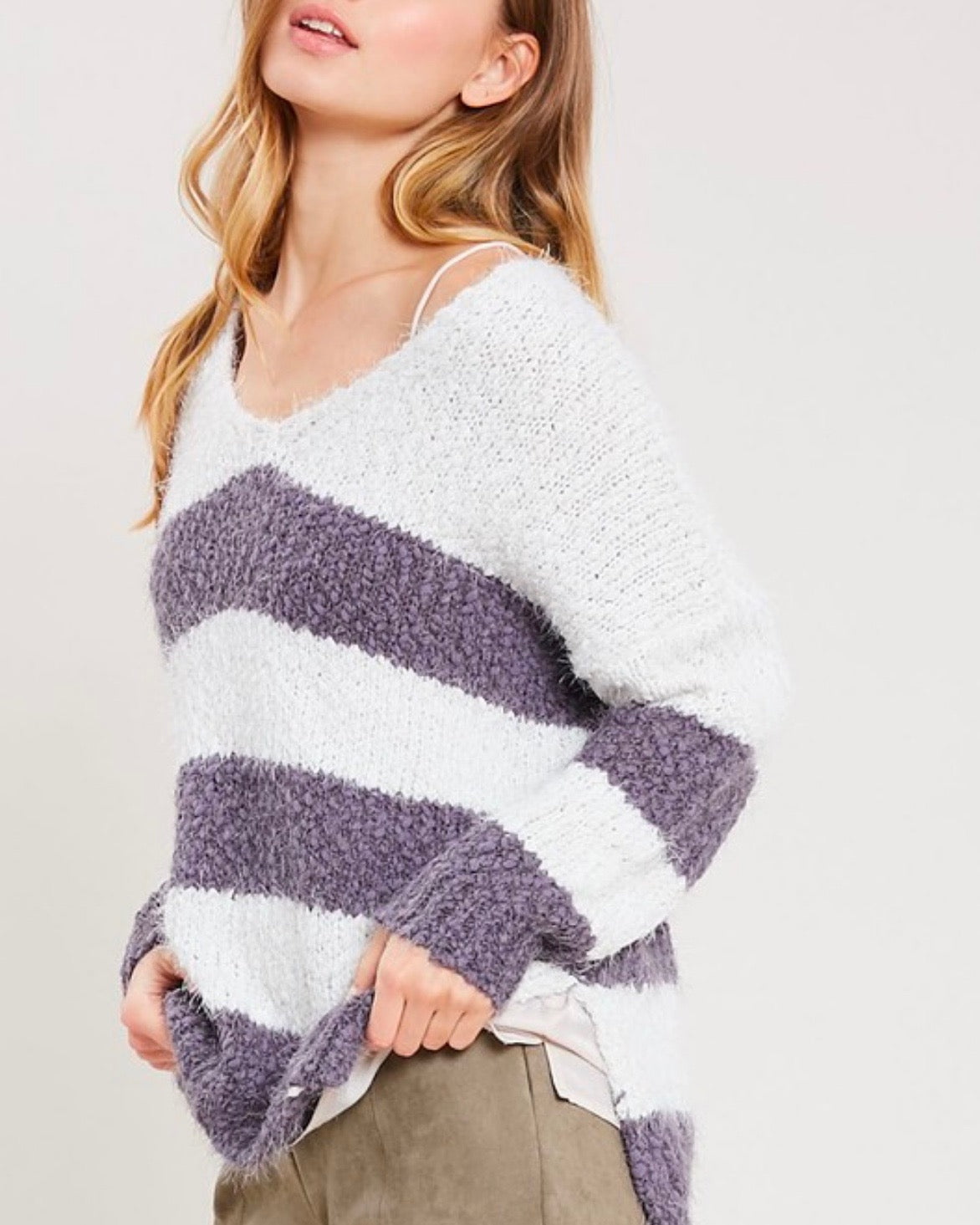 Girls Like Me Striped Fuzzy Knit Sweater with Side Slit in Purple