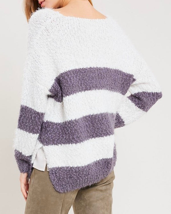 Girls Like Me Striped Fuzzy Knit Sweater with Side Slit in Purple
