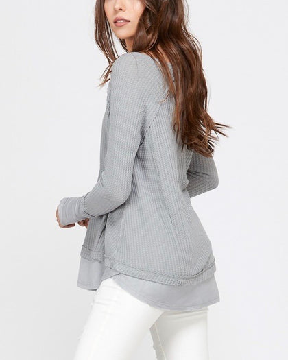 Thumb Hole Long Sleeve Layered V-Neck Waffle Knit Thermal