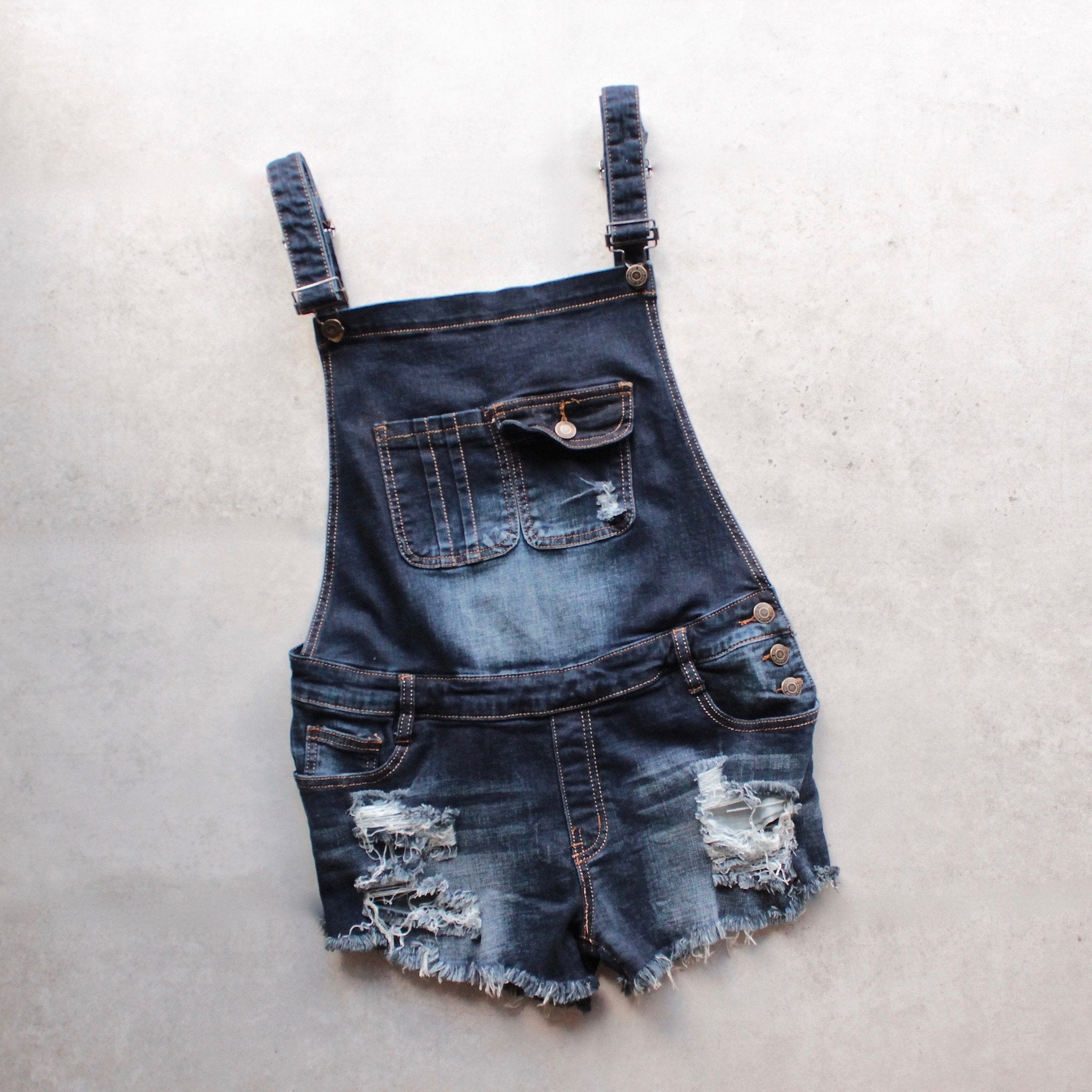 distressed overalls shorts