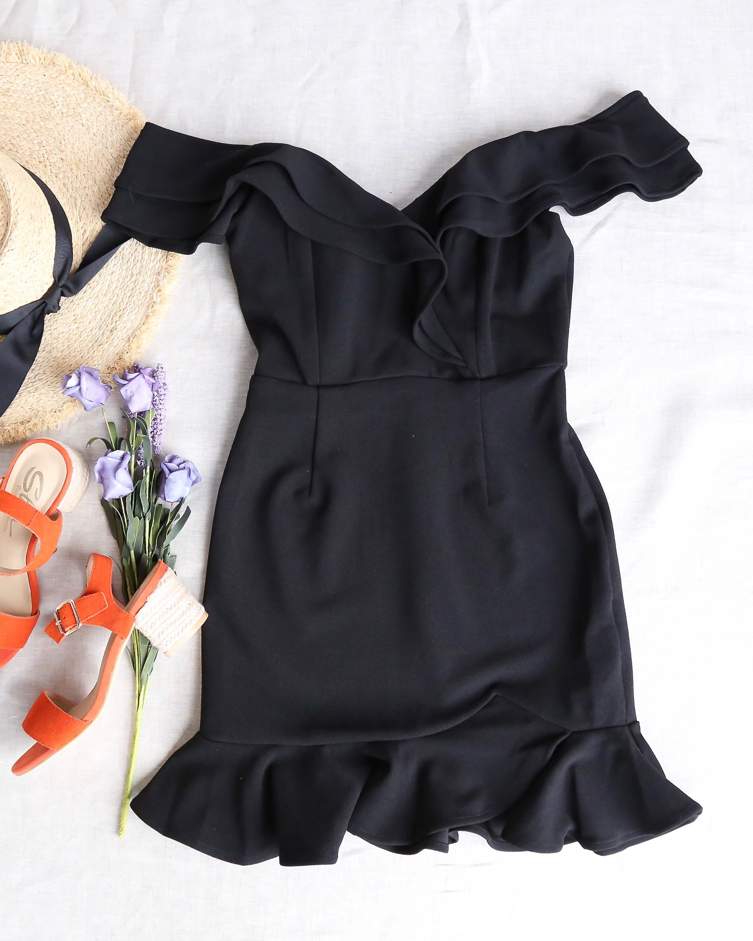 Making Wishes Off The Shoulder Ruffled Mini Bodycon Dress in Black ...