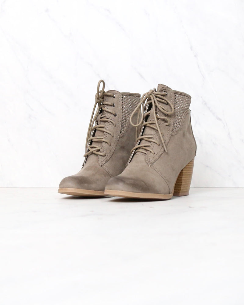 Point the Way Perforated Ankle Boots in Taupe – Shop Hearts