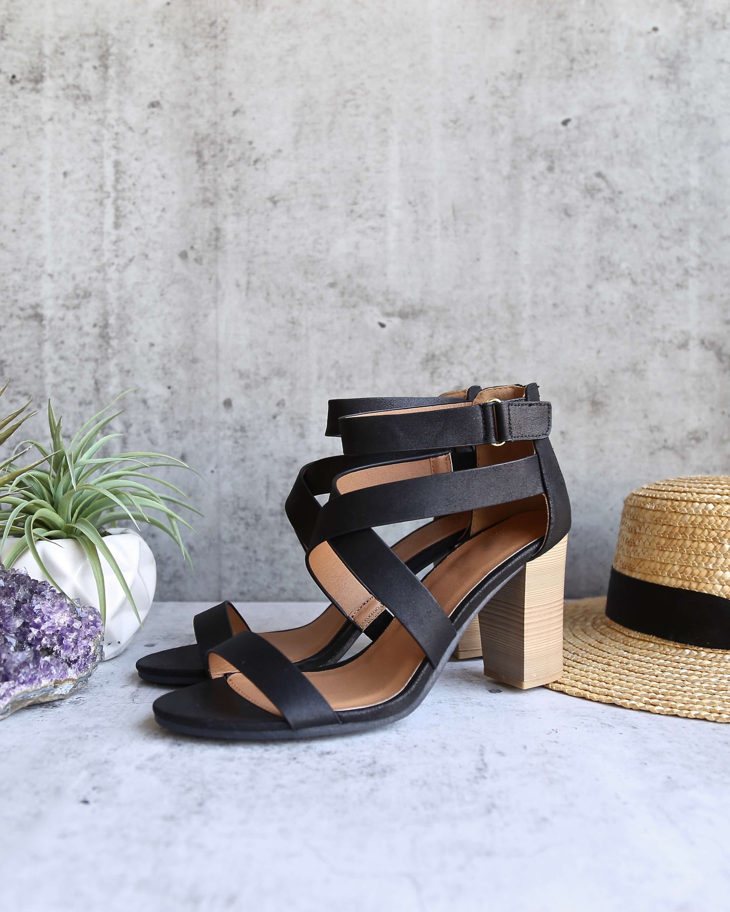 black strappy block heels