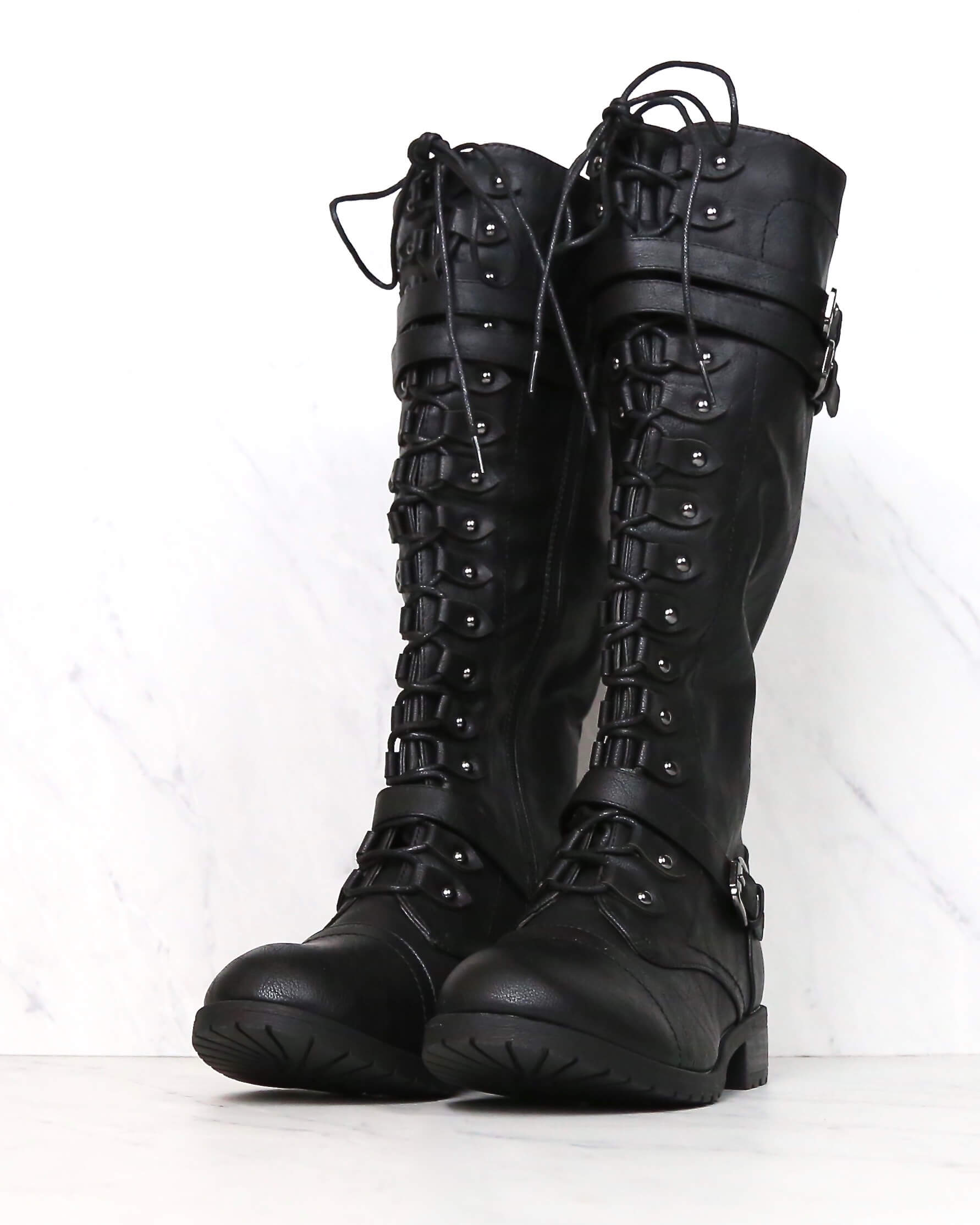 black lace up long boots