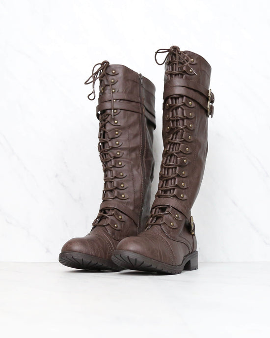 Tall Lace Up Combat Boots in Brown 
