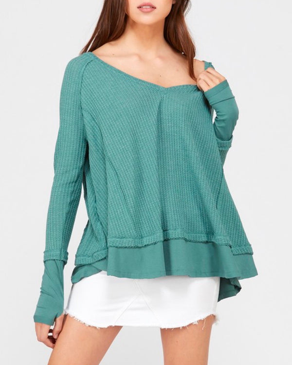 Thumb Hole Long Sleeve Layered V-Neck Waffle Knit