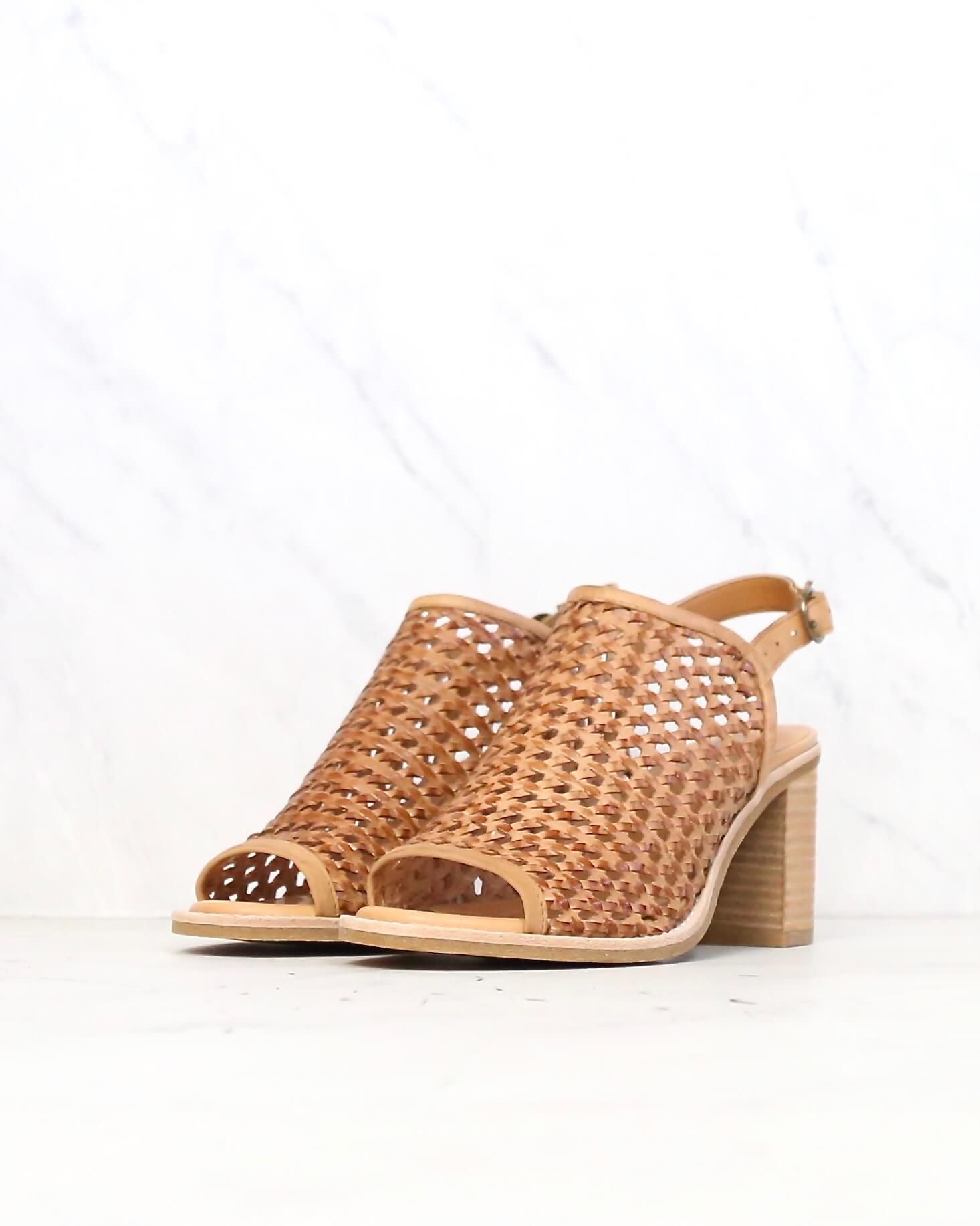 Woven City Heel with Ankle Strap in Tan 