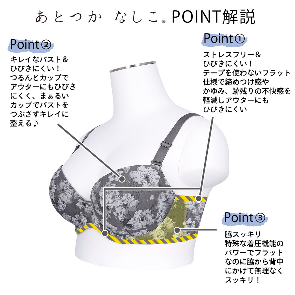 あとつかなしこPOINT解説　①ストレスフリー＆ ひびきにくい！ テープを使わないフラット 仕様で締めつけ感や かゆみ、跡残りの不快感を 軽減しアウターにも ひびきにくい　②キレイなバスト＆ ひびきにくい！ つるんとカップで アウターにもひびき にくく、まぁるい カップでバストを つぶさずキレイに 整える♪　③脇スッキリ 特殊な着圧機能の パワーでフラット なのに脇から背中 にかけて無理なく スッキリ！