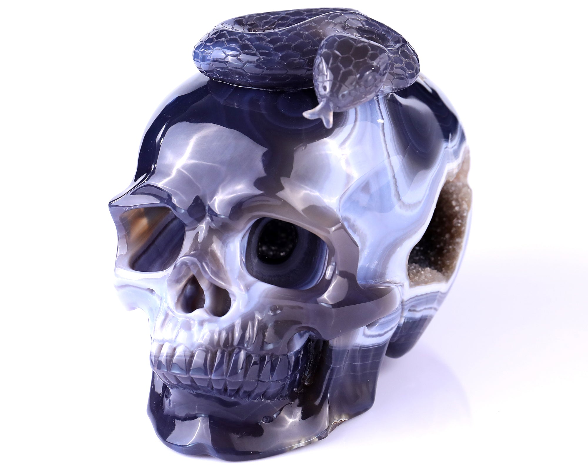 Unique 7.1" Amethyst Geode Agate Hand Carved Crystal Geode Skull Sculpture