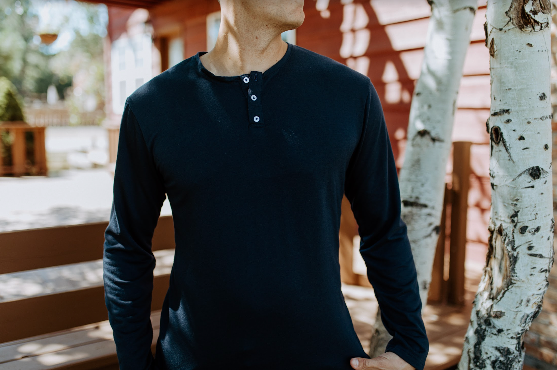 Tall Man Wearing Tall Henley Shirt