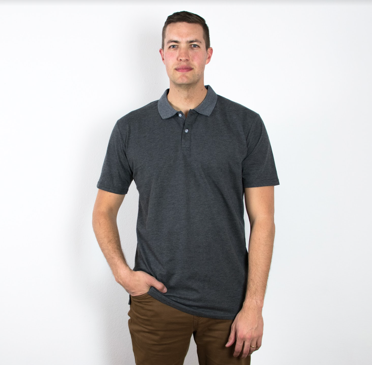 Tall Guy Wearing Tall Polo Work Shirt