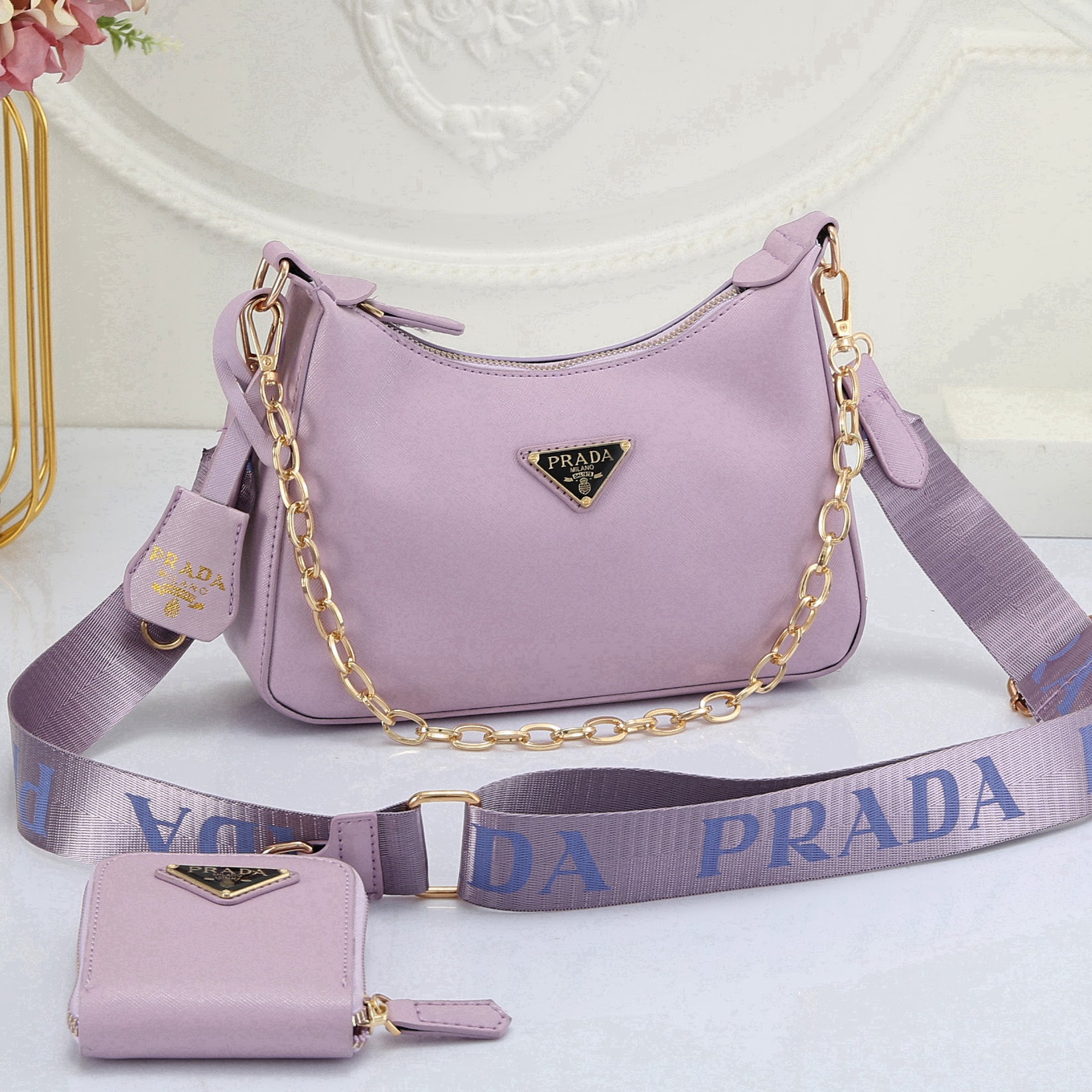 PRADA triangle letter logo Women's shopping three piece shoulder bag messenger bag