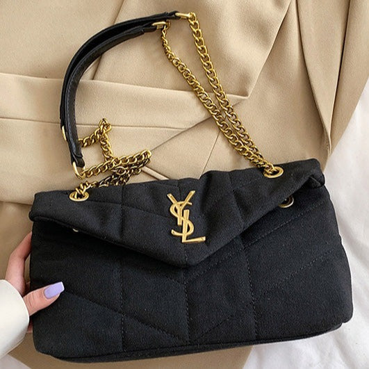 YSL Yves Saint Laurent Gold Letter Canvas Chain Shoulder Bag Fla