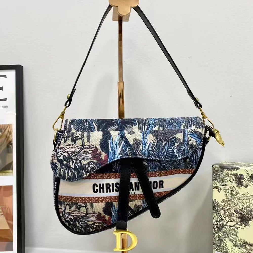 Christian Dior Canvas Embroidered Pattern Embroidered Women Flap Saddle Bag Shoulder Bag Crossbody B