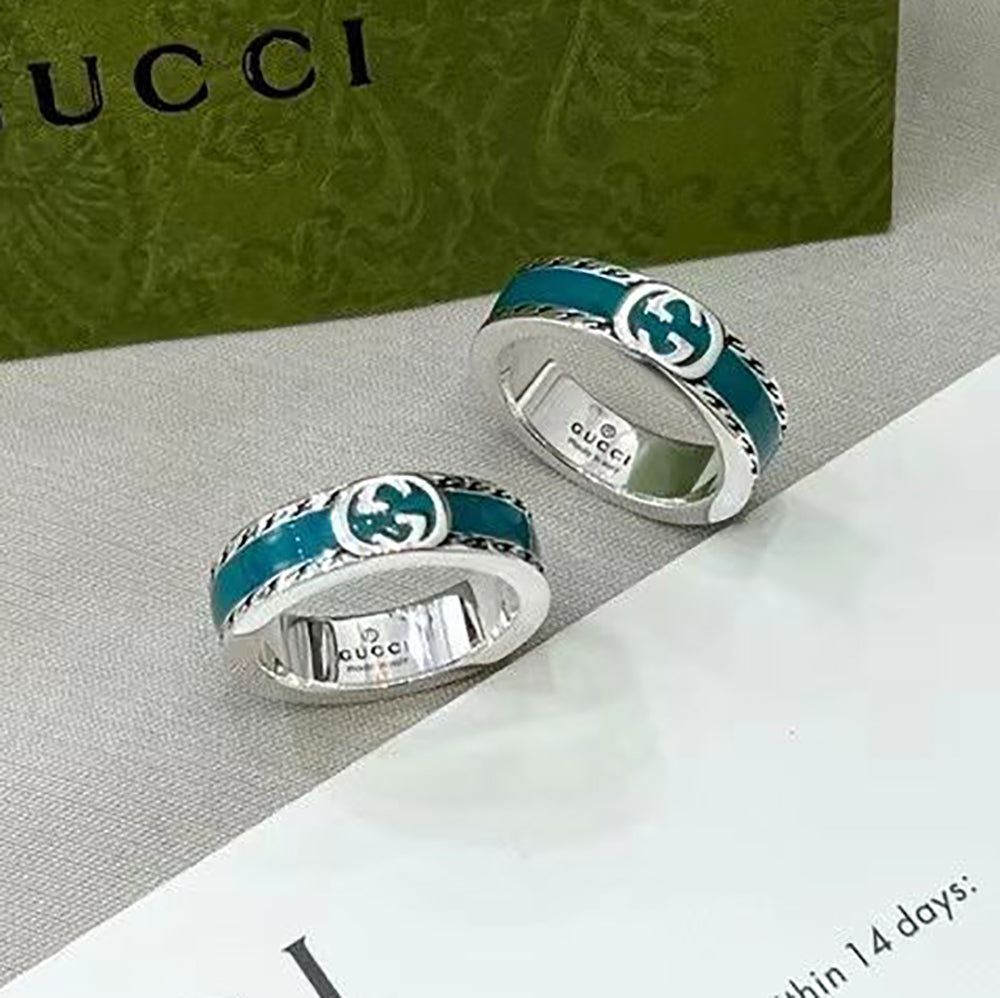 GG Double G Interlocking Blue Enamel Ring Couple Love Ring