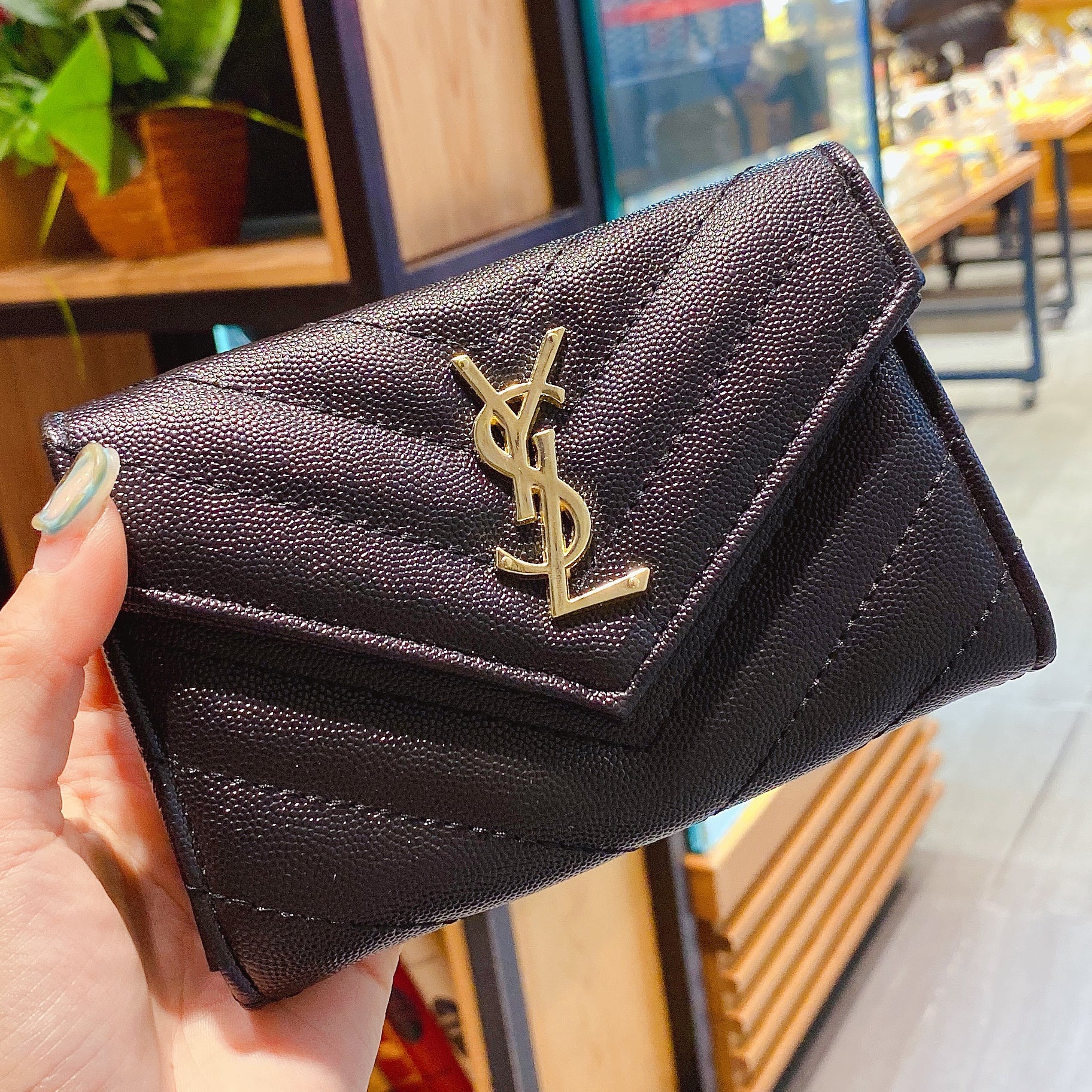 YSL Yves Saint Laurent monogram logo flap wallet clutch