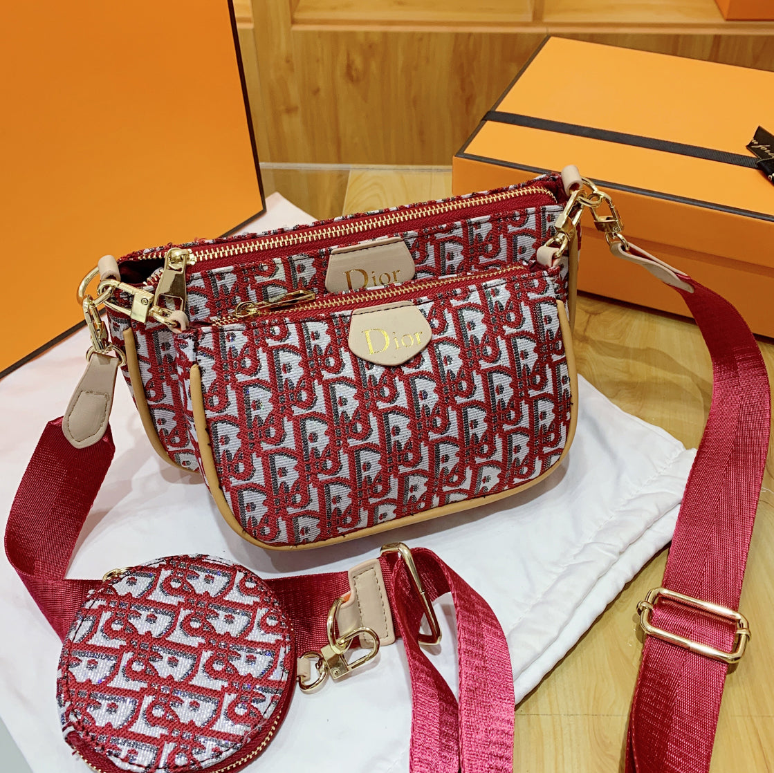 Christian Dior canvas embroidered letter three-piece shoulder bag crossbody bag