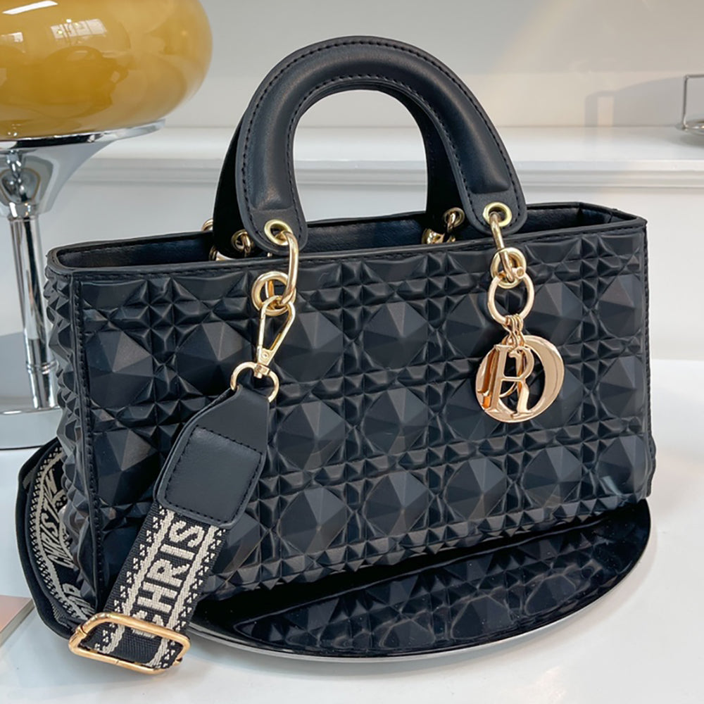 Christian Dior Solid Embossed Tote Bag Women Shopping Shoulder B