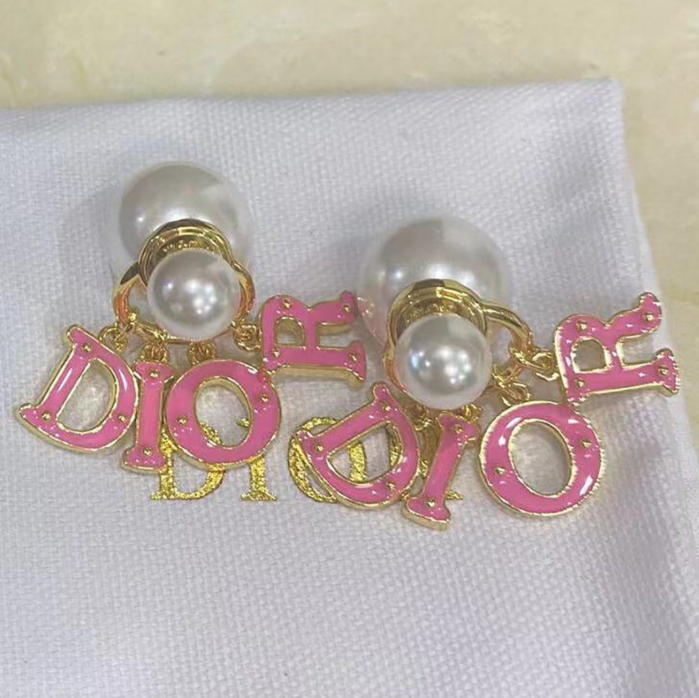Christian Dior Pink Letter Logo Pearl Stud Earrings