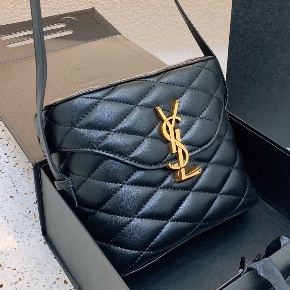 YSL Yves Saint Laurent gold letters logo covers a crossbody bag