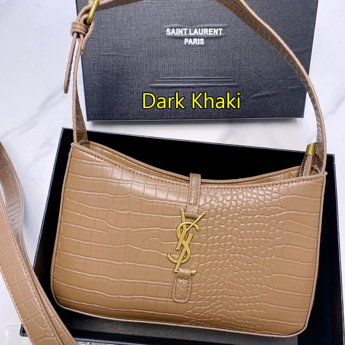 YSL Yves Saint Laurent Gold Letter Logo Crocodile Pattern Handba