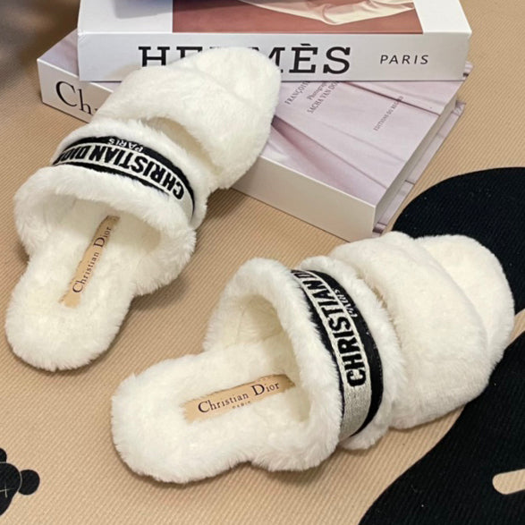 Christian Dior embroidered letter plush slippers Women's cas