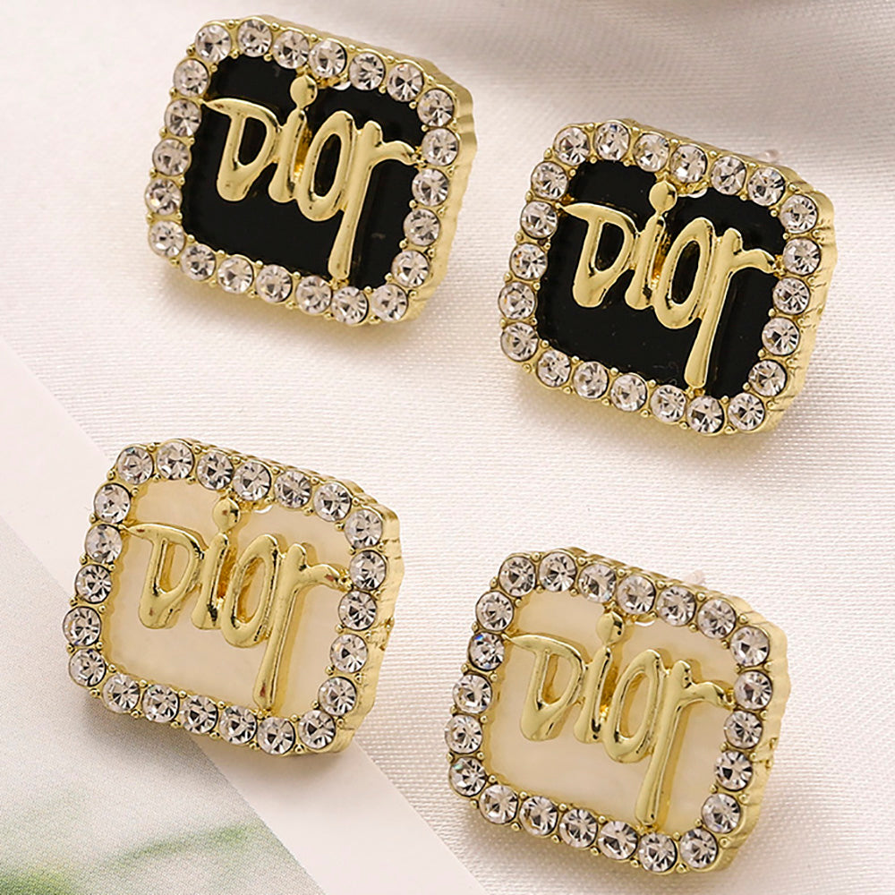 Christian Dior Gold Letter Logo Women's Charm Rhinestone Stud Earrings