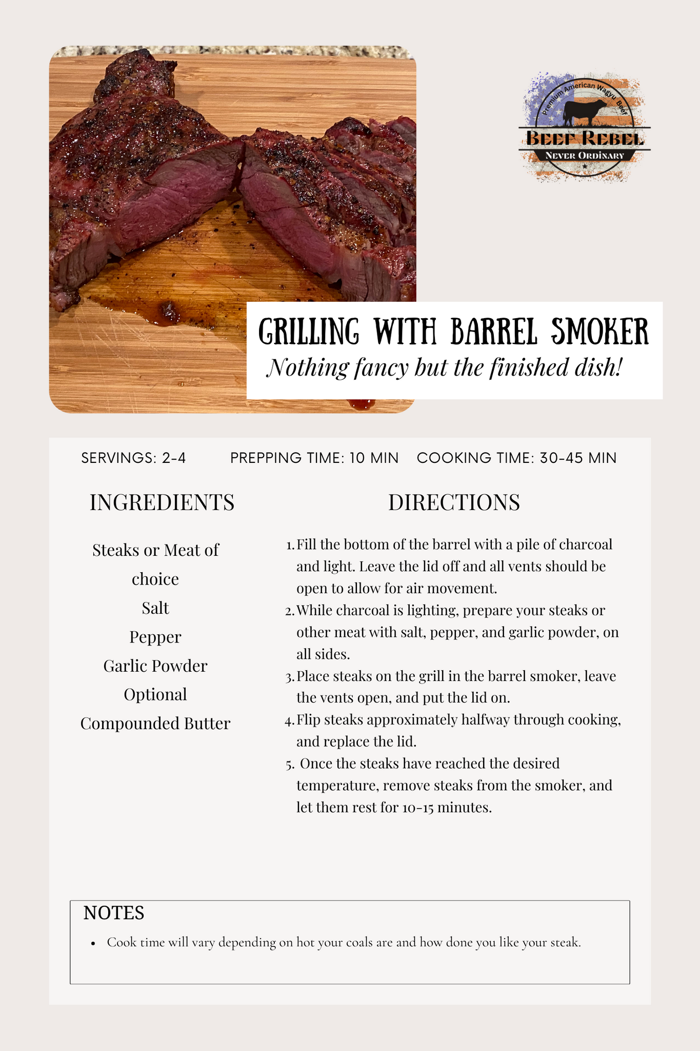 Images of grilled steak, ingredients list on the left, directions on the right side.