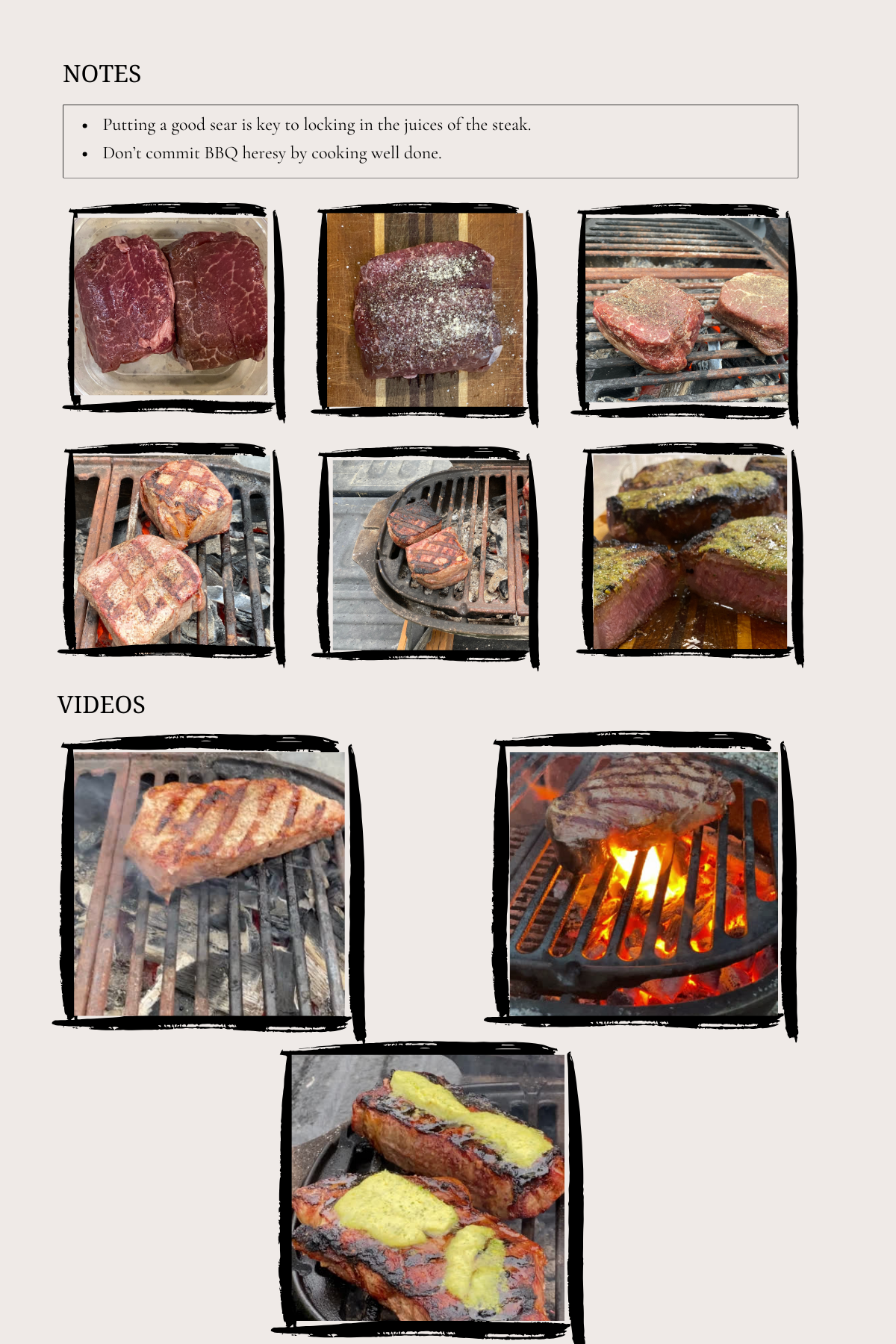 Images of preparations for grilling steak.