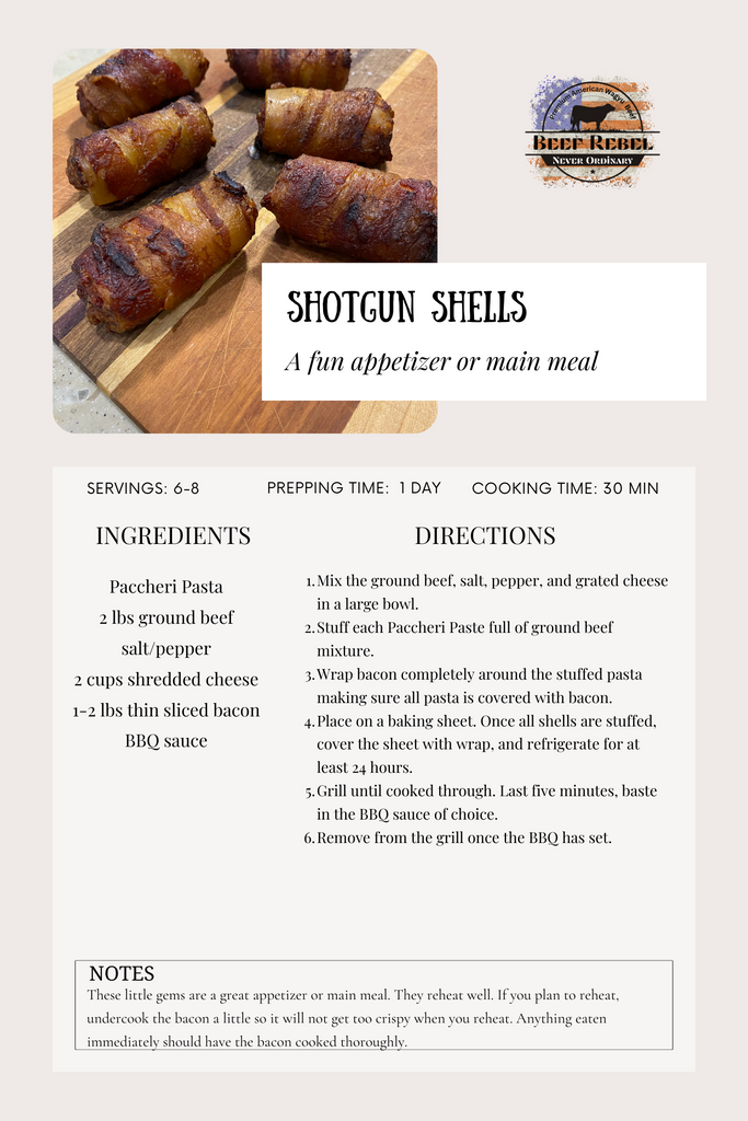 Image of shotgun shells which are manicotti style noodles stuffed with ground meat and wrapped in bacon, the ingredients, and instructions.