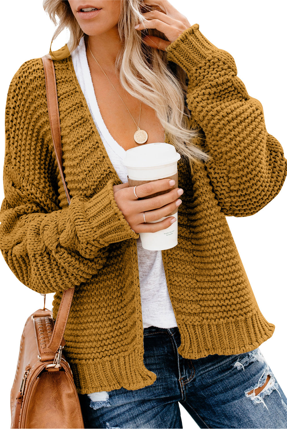 Brown Open Front Chunky Knit Cardigan Sweaters & Cardigans Magenerations