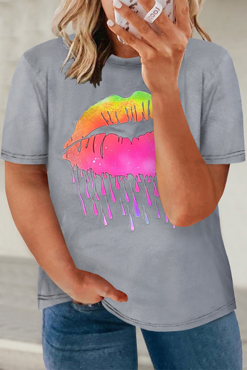 Gray Neon Lips Graphic Plus Size T-shirt Plus Size Tops Magenerations