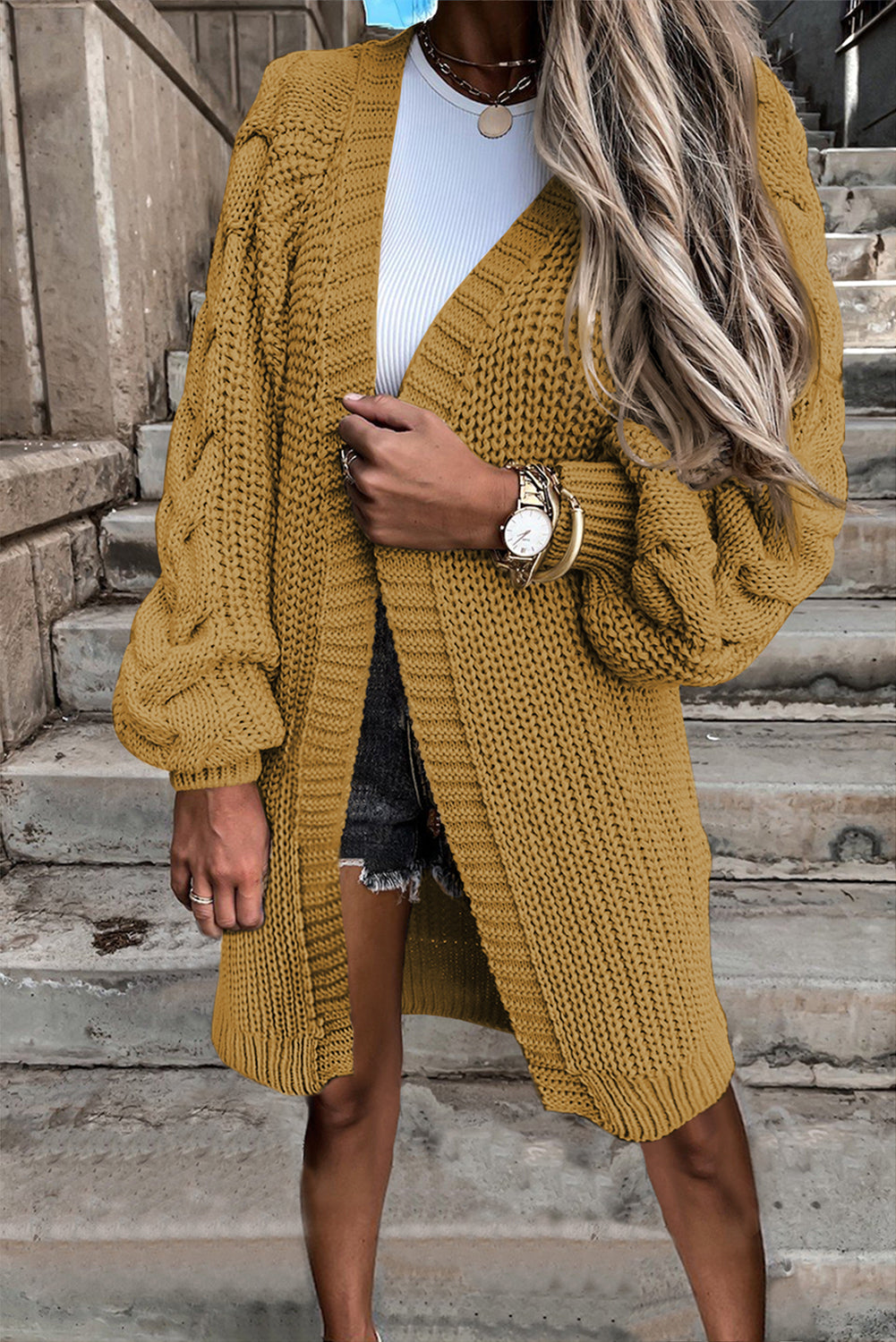 Open Front Cable Sleeve Long Cardigan Sweaters & Cardigans Magenerations