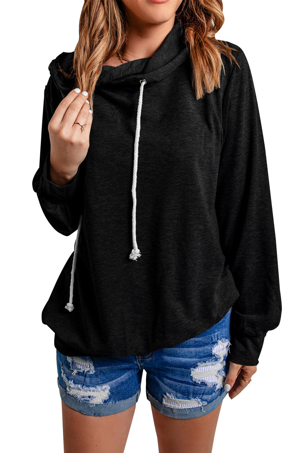 Black Long Sleeve Hoodie with Rope Drawstring Sweatshirts & Hoodies Magenerations