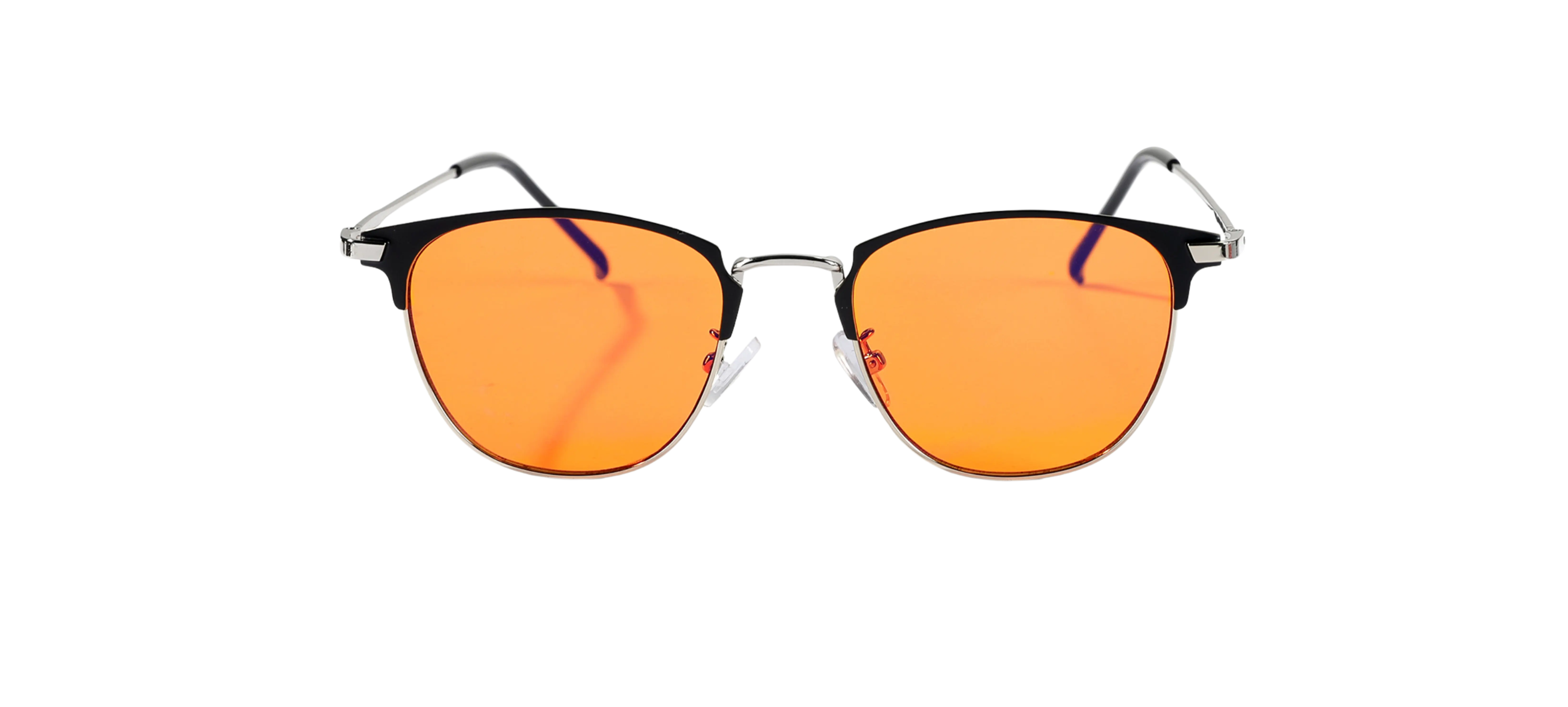 Orange-tinted aviator sunglasses against a black background.