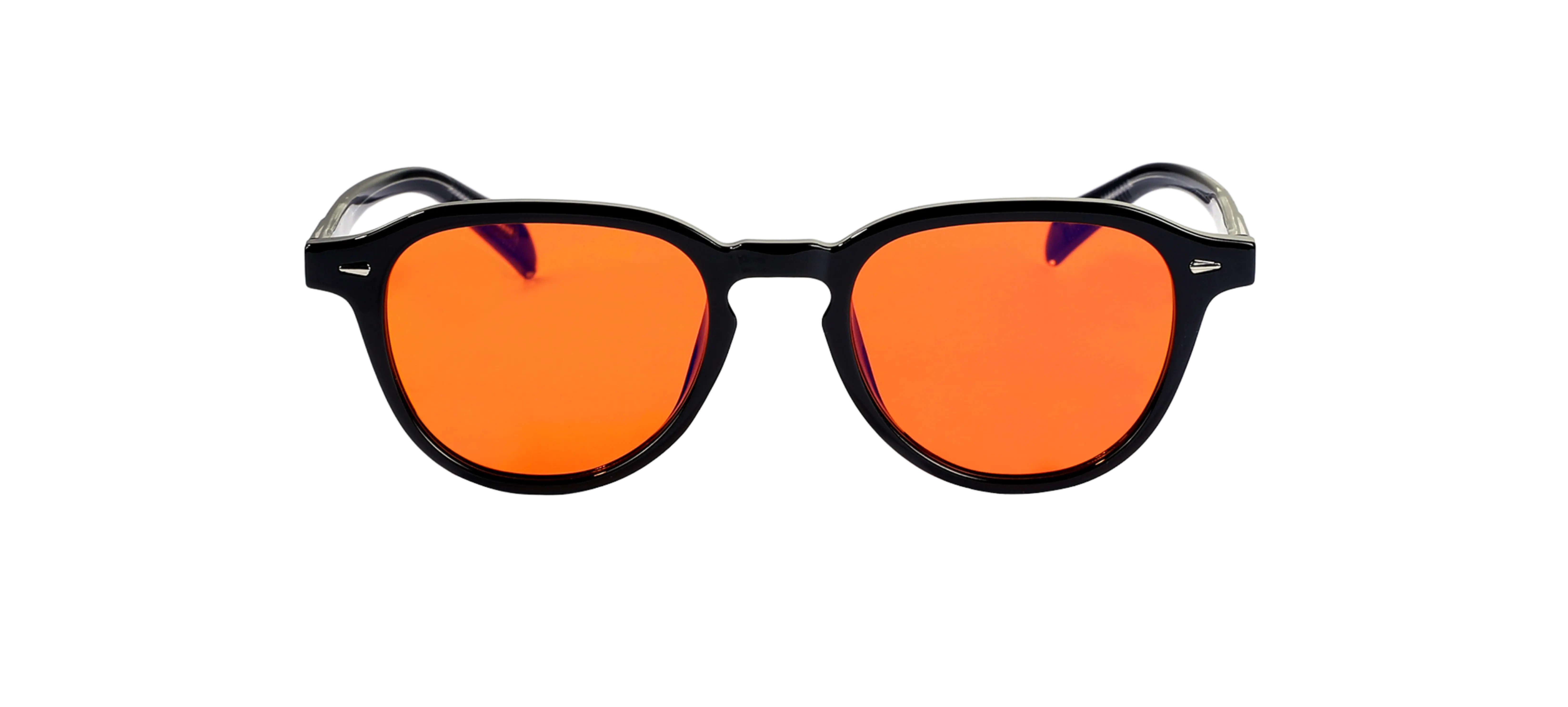 Stylish sunglasses with orange tinted lenses on a black background.