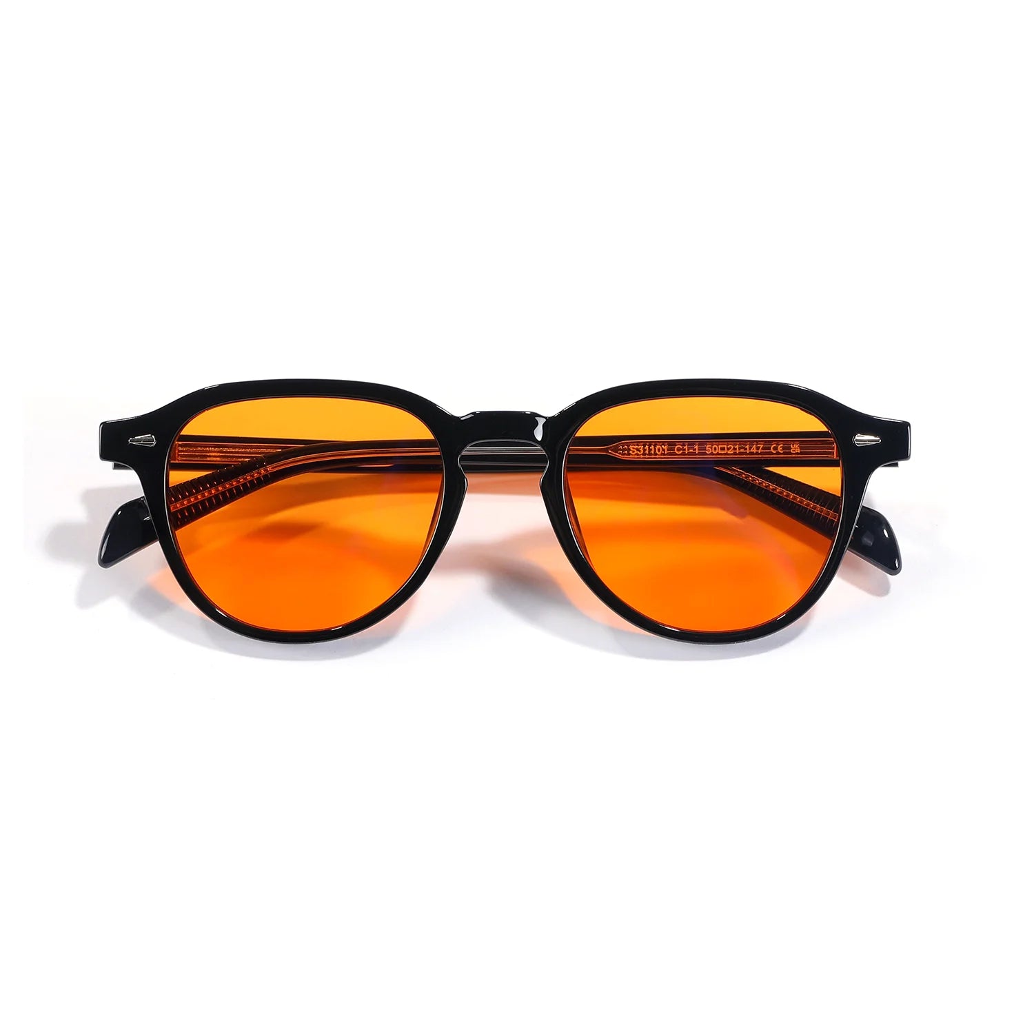 Black-framed sunglasses with orange-tinted lenses on a white background.