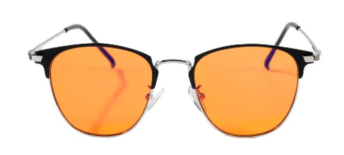 Pair of orange-lens aviator sunglasses against a white background.