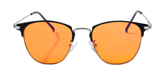 Orange-lensed sunglasses with a silver frame on a white background.