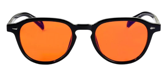 Black sunglasses with orange tinted lenses.