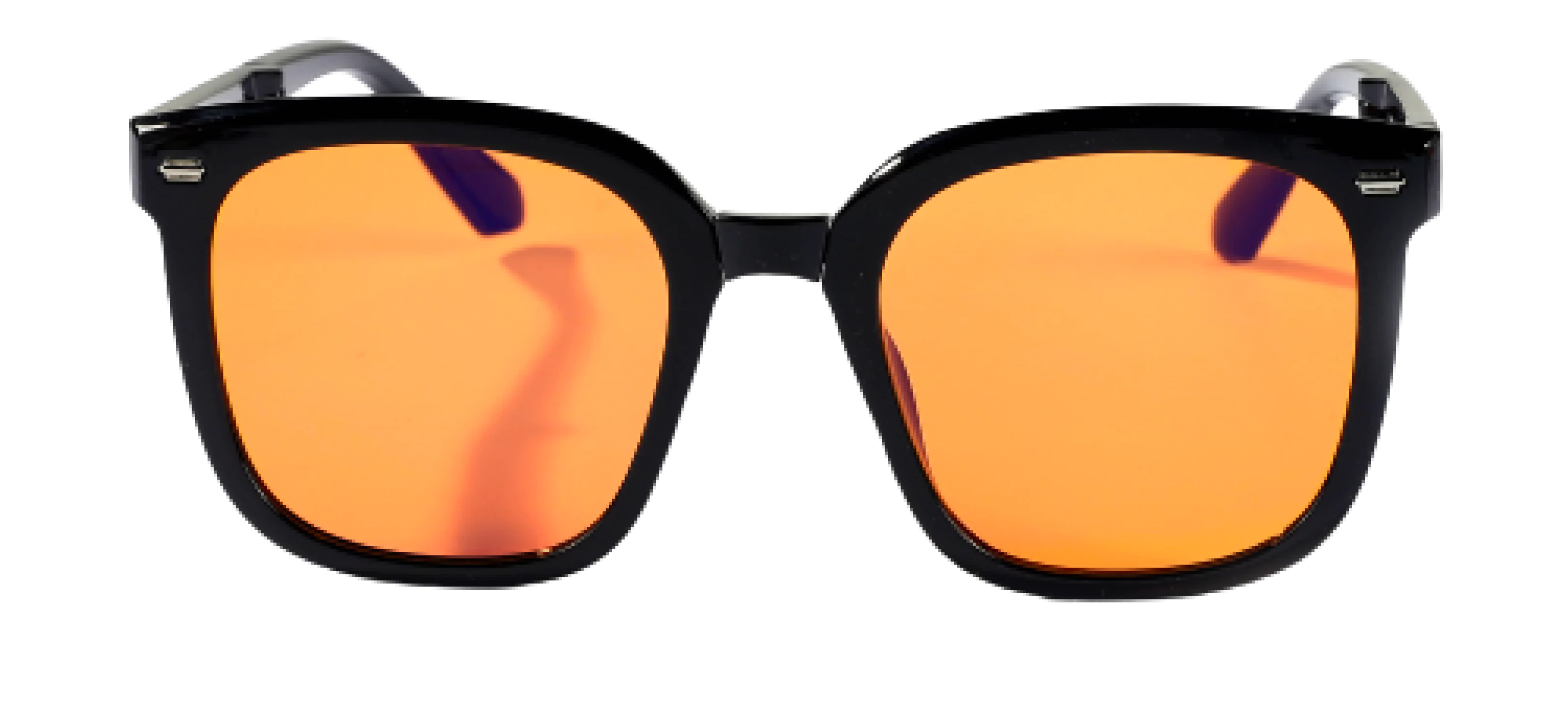 Black sunglasses with orange reflective lenses on a white background.